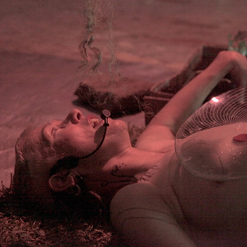 Image of Virginia Barrett performing one of their works. Virigina is a Caucasian person with short blonde hair and appears not to be wearing any thing other than a plastic disc on their chest..jpg